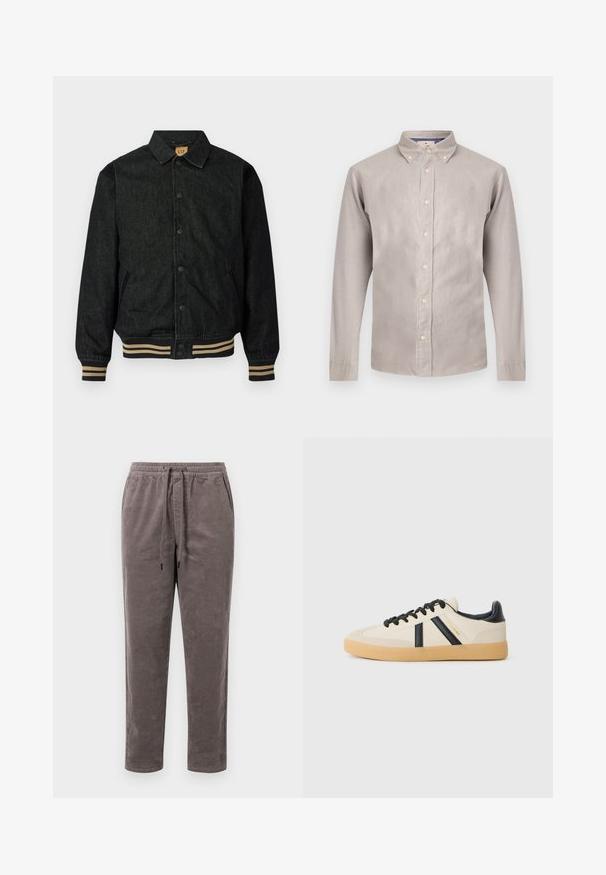 Sort denimjakke med knaplukning foran, ribbede manchetter og elastisk talje. Har krave og sidelommer.; Lys grå langærmet skjorte med knaplukning og krave, som har beige knapper og en glat tekstur. Designet inkluderer en klassisk pasform og enkel styling.; Buks af corduroy i en dæmpet taupe farve, med elastisk talje og snøre samt tapered ben med lodret ribbet tekstur.; Casual sneakers i creme med sorte striber, med en tekstureret overdel og sål i gummigummi. Snørebåndene er sorte. Diskret logo på siden.