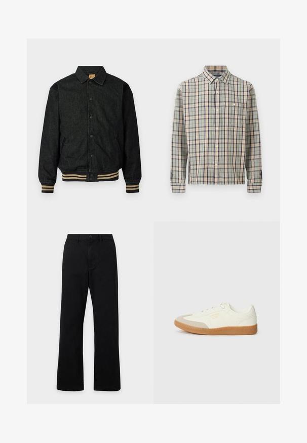 Sort denimjakke med knaplukning foran, ribbede manchetter og elastisk talje. Har krave og sidelommer.; Knappet skjorte med lange ærmer i ternet mønster med farverne grøn, beige og marineblå samt en enkelt brystlomme på en ensfarvet baggrund.; Sorte bukser med lige ben, knappelukning, forlommer og bæltestropper på en ensartet lys baggrund.; Sneaker lavet af hvid læder med en beige tåhætte og let brunt gummisål. Har flade hvide snørebånd og prægede branding på siden.