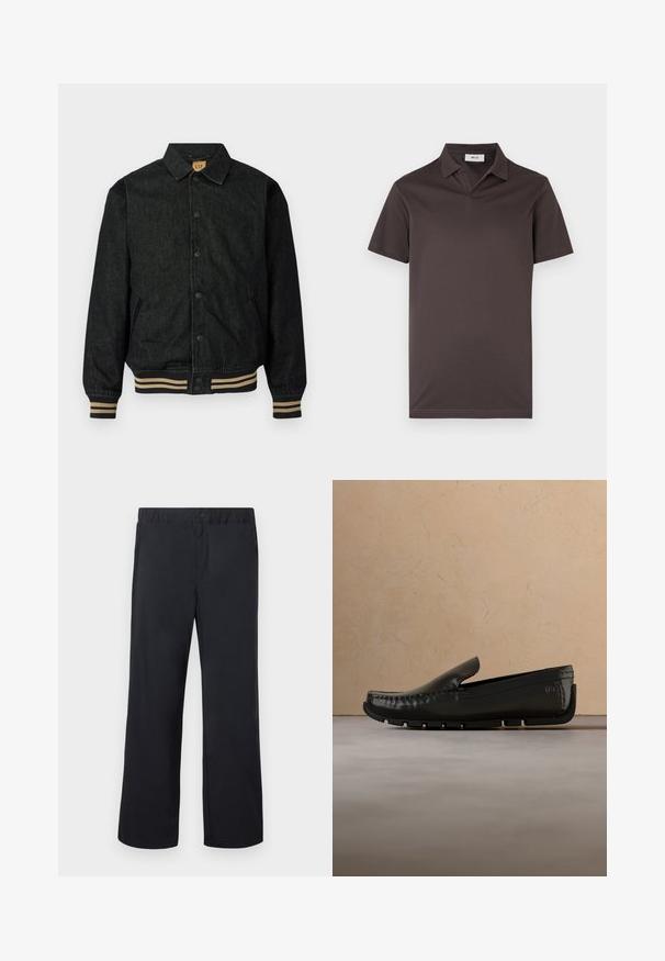 Sort denimjakke med knaplukning foran, ribbede manchetter og elastisk talje. Har krave og sidelommer.; Kortærmet polo i mørkebrun med V-hals, blød tekstur og rene syningsdetaljer. Ideel til afslappet brug.; Sorte bukser med lige ben, elastisk talje og enkelt knap over lynlåsgylp, vist fladt på hvid baggrund.; Sort læder slip-on loafer med tekstureret sål, svævende over beige tæppe og matchende polstrede møbler i blødt lys.