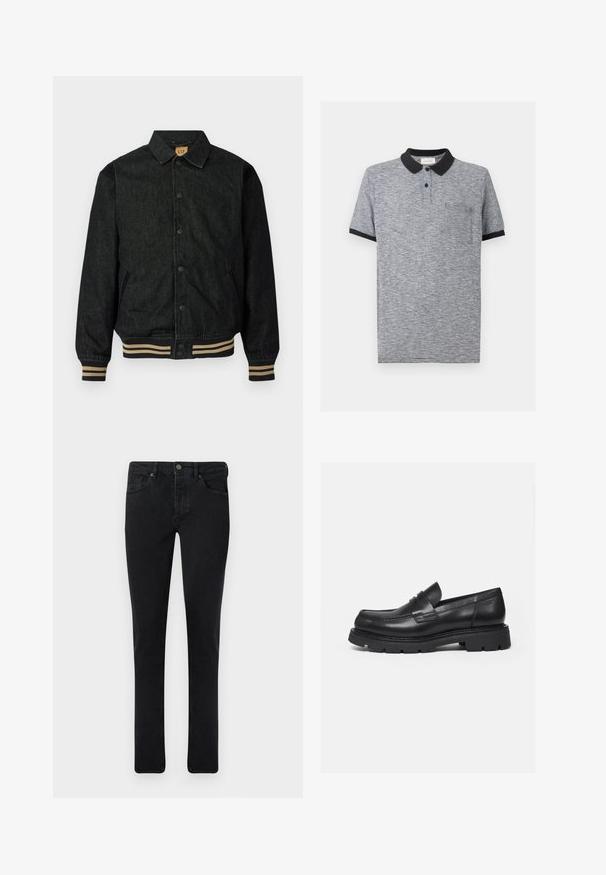 Sort denimjakke med knaplukning foran, ribbede manchetter og elastisk talje. Har krave og sidelommer.; Grå og sort tyndstribet poloshirt med sort krave, knaplukning med to knapper, korte ærmer med sorte manchetter og brystlomme.; Mørk denim jeans med slim fit, fem lomme-design og metalknaplukning. Glat tekstur og jævn farve gennem hele stoffet.; Sort læderloafer med tyk rillede sål og penny-remdetalje, vist i højre sideprofil på hvid baggrund.