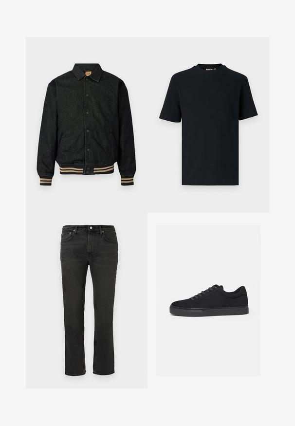 Veste en denim noir avec un devant à boutons, des poignets côtelés et une taille élastique. Dispose d'un col et de poches latérales.; T-shirt noir à manches courtes en maille côtelée avec col rond et une petite étiquette visible à l'intérieur du col.; Jean denim noir à jambes droites avec cinq poches et passants pour ceinture, fermeture à bouton sur le devant, et détails de couture visibles.; Baskets basses noires avec fermeture à lacets à l'avant et semelle en caoutchouc plate, vues de profil sur fond blanc.