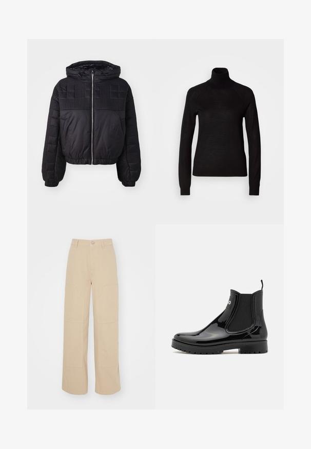 Veste matelassée noire avec une texture piquée, une capuche et des poignets élastiques. Elle dispose d'une fermeture éclair à l'avant et d'un design court.; Pull à col roulé noir en tissu tricot léger. Avec des manches longues et une silhouette ajustée dotée de coutures raglan.; Pantalons larges beiges en coton. Présente deux grandes poches avant et une fermeture à bouton en métal à la taille. Texture lisse.; HUGO TABITA - Bottes en caoutchouc - black