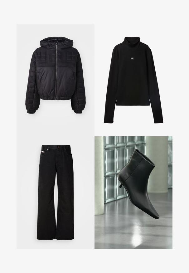 Veste matelassée noire avec une texture piquée, une capuche et des poignets élastiques. Elle dispose d'une fermeture éclair à l'avant et d'un design court.; Haut noir à col roulé côtelé à manches longues avec petit patch carré du logo Calvin Klein centré sur la poitrine.; Jean large noir en coton. Présente des poches avant, une fermeture à bouton, et une texture denim classique. Design minimaliste sans motifs.; Bottine en cuir noir à bout pointu et petit talon kitten, présentée en angle devant un sol poli et un mur en blocs de verre.