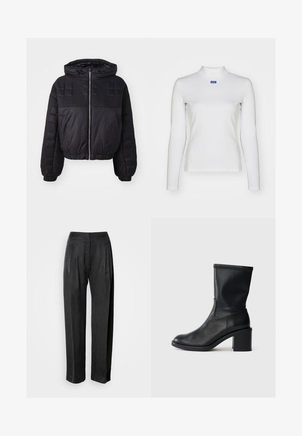 Veste matelassée noire avec une texture piquée, une capuche et des poignets élastiques. Elle dispose d'une fermeture éclair à l'avant et d'un design court.; Haut à col roulé blanc à manches longues en tissu extensible, avec une coupe ajustée et un petit logo bleu sur la poitrine.; Pantalon noir à jambes larges en tissu lisse, avec plis sur le devant, braguette zippée et ceinture classique.; Botte en cuir noir à cheville avec un bout rond, texture lisse et un talon épais, présentant un tige ajustée et un subtil détail de couture.