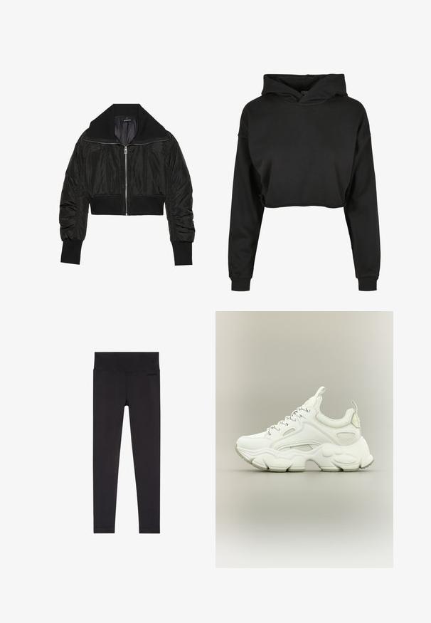 Sort cropped bomberjakke med lynlås foran, bred krave og ribbede manchetter, med en glat, shiny tekstur og polstret design.; Sort cropped hoodie lavet af blødt stof med snoretræk i hætten, lange ærmer og ribbede manchetter, med et rent, enkelt design.; Sorte ribstrikkede leggings med bred talje og glat tekstur. Ingen bemærkelsesværdige mønstre eller pynt. Fuldlængdesdesign.; Hvid chunky sneaker med tyk struktureret sål, mesh- og læderoverdel, snørelukning og trækstropper på tunge og hæl.
