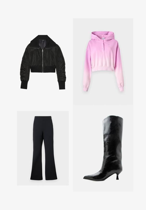 Sort cropped bomberjakke med lynlås foran, bred krave og ribbede manchetter, med en glat, shiny tekstur og polstret design.; Pink-til-hvid ombré cropped hættetrøje med lange ærmer, knaplukning, Nike-logo og fastsat hætte.; Sorte flared bukser lavet af blødt stof med elastisk talje og en diskret sidelomme, der har en glat tekstur og minimalistisk design.; Sort skinnende knæhøj læderstøvle med spids tå og lav buet hæl på en ensfarvet lys baggrund.