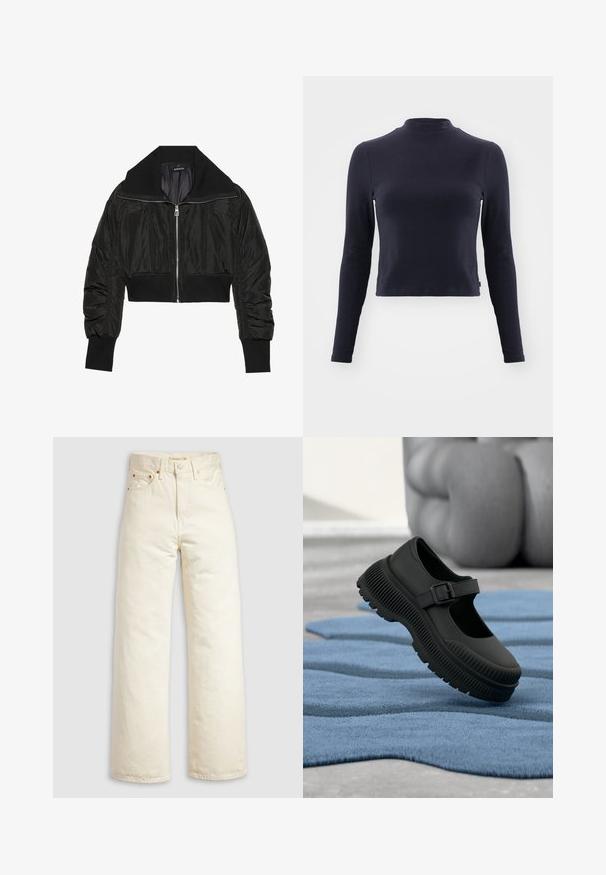 Sort cropped bomberjakke med lynlås foran, bred krave og ribbede manchetter, med en glat, shiny tekstur og polstret design.; Marine langærmet crop top med høj hals. Lavet af blødt stof, har fitted design, diskret syninger og ingen synlige mønstre eller detaljer.; Vidbenede jeans i offwhite denim med høj talje, kobbernitter og klassisk design med fem lommer. Struktureret stof med rene kanter.; Sort Mary Jane-stil sko med tyk ribbet sål og spænde, hvilende på tekstureret blåt tæppe med sløret baggrund.