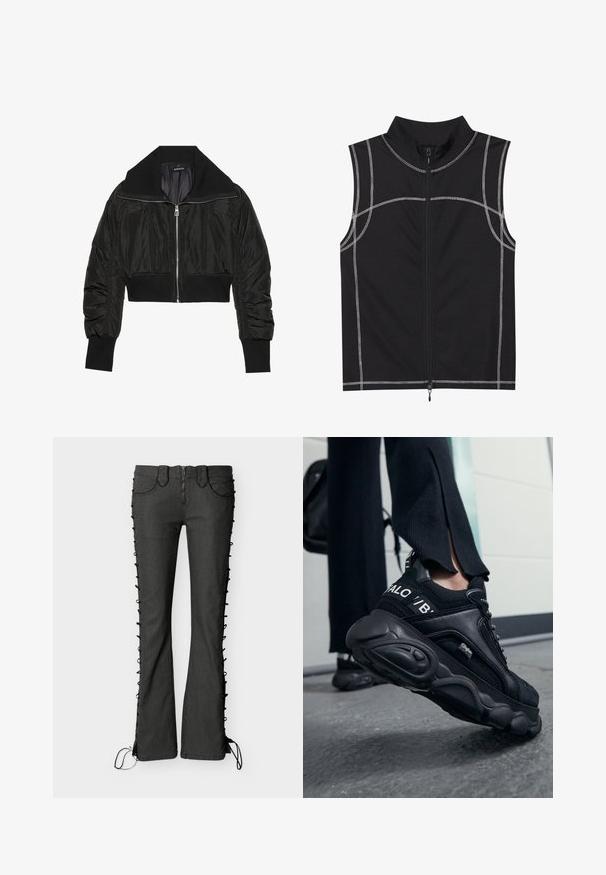 Sort cropped bomberjakke med lynlås foran, bred krave og ribbede manchetter, med en glat, shiny tekstur og polstret design.; Sort ærmeløs vest lavet af et glat stof, med sølvfarvet syning og lynlåslukning foran, designet med høj krave.; Flared sorte denimbukser med snøredetaljer i siden, der har lynlås foran og fire lommer. Glat tekstur og tætsiddende silhuet.; Close-up af en person iført sorte Buffalo sneakers med tykke såler, stående på en grå betongulv, iført sorte bukser og med en rygsæk.