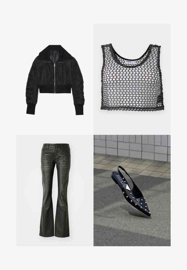 Čierna skrátená bomber bunda s predným zipsom, širokým golierom a rebrovanými manžetami, so hladkou, lesklou textúrou a polstrovaným dizajnom.; Čierny crop top bez rukávov s širokou sieťovinou a vlnitými okrajmi, položený naplocho, zobrazuje prednú časť a vnútorné etikety.; Čierne faux kožené zvonové džínsy s prednými vreckami, kovovým zapínaním a mierne textúrovaným povrchom. Priamy strih s dlhým strihom.; Čierna špičatá slingback obuv z hladkého materiálu, s striebornými cvočkami, plochou podrážkou a logom na stielke.