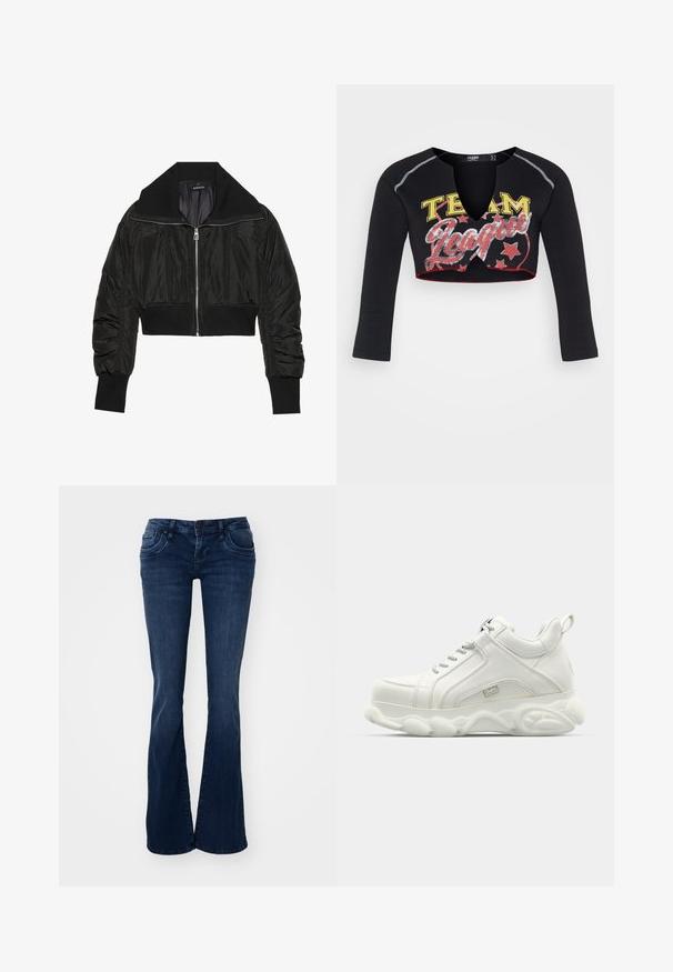 Čierna skrátená bomber bunda s predným zipsom, širokým golierom a rebrovanými manžetami, so hladkou, lesklou textúrou a polstrovaným dizajnom.; Jaded London CROPPED RAGLAN WITH CONTRAST STITCH & PLACEMENT SCREEN PRINT - Top s dlhým rukávom - mehrfarbig; Tmavomodré rozšírené džínsy z denimu, s prednými vreckami, zapínaním na gombík a hladkou textúrou.; Biele atletické tenisky s hladkým koženým zvrškom, zaoblenou podrážkou a textúrovaným akcentom. Obsahujú šnúrky a ťahaciu pásku na zadnej strane.