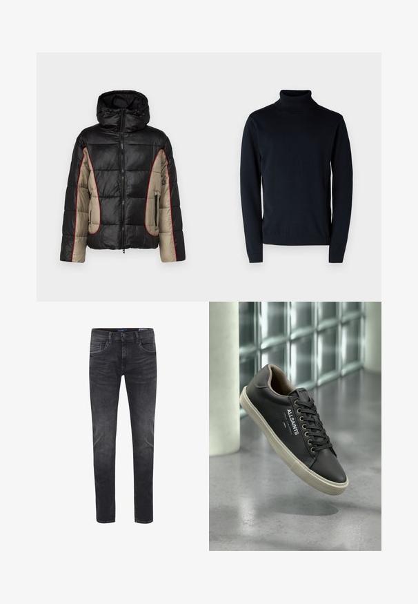 Sort og beige puffetjakke med hætte, der har quiltede paneler, rød kontrastsyning og lynlåsede sidelommer.; Mørkeblå turtleneck sweater lavet af blødt, strækbart stof. Har lange ærmer og ribstrikkede manchetter og nederkant. Simpelt, rent design.; Smal pasform herre mørkegrå vaskede jeans med for- og baglommer, knaplukning og bæltestropper.; Sort AllSaints lædersneaker med hvid sål, sorte snørebånd og logo på siden, hængende over en grå reflekterende gulv.