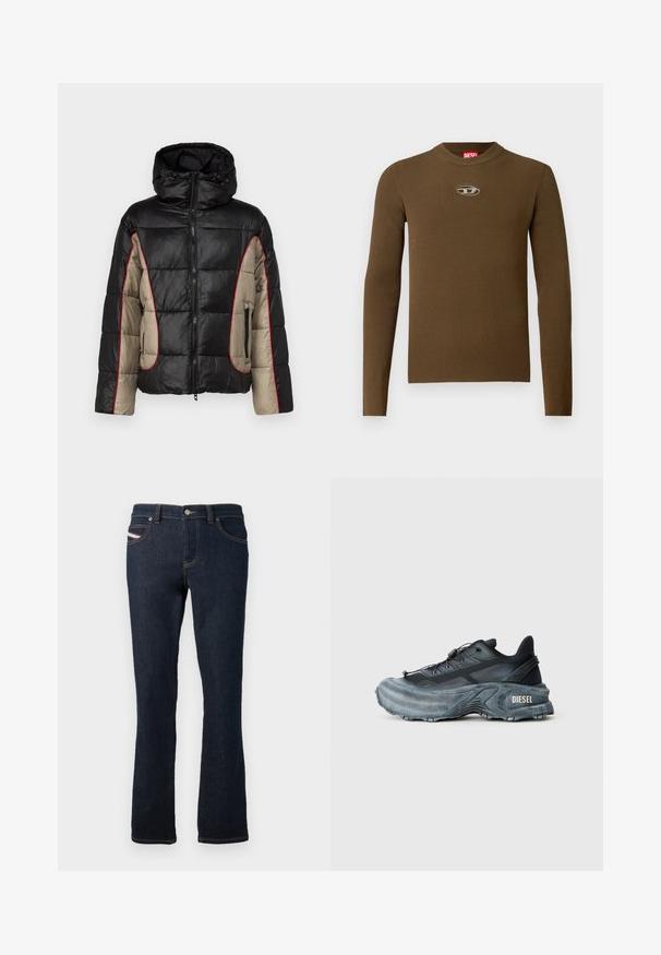 Chaqueta acolchada negra y beige con capucha, que presenta paneles acolchados, costuras rojas de contraste y bolsillos laterales con cremallera.; Top de manga larga de canalé marrón con cuello redondo y un parche con logo en el pecho. La textura es suave y ajustada, fabricada en material elástico.; Jeans de mezclilla azul marino con corte recto, con costuras naranjas, cierre de botón metálico y un pequeño logo en el bolsillo trasero.; Zapatilla Diesel en negro y gris con suela gruesa, cierre de cordón y diseño texturizado sobre un fondo liso de color gris claro.