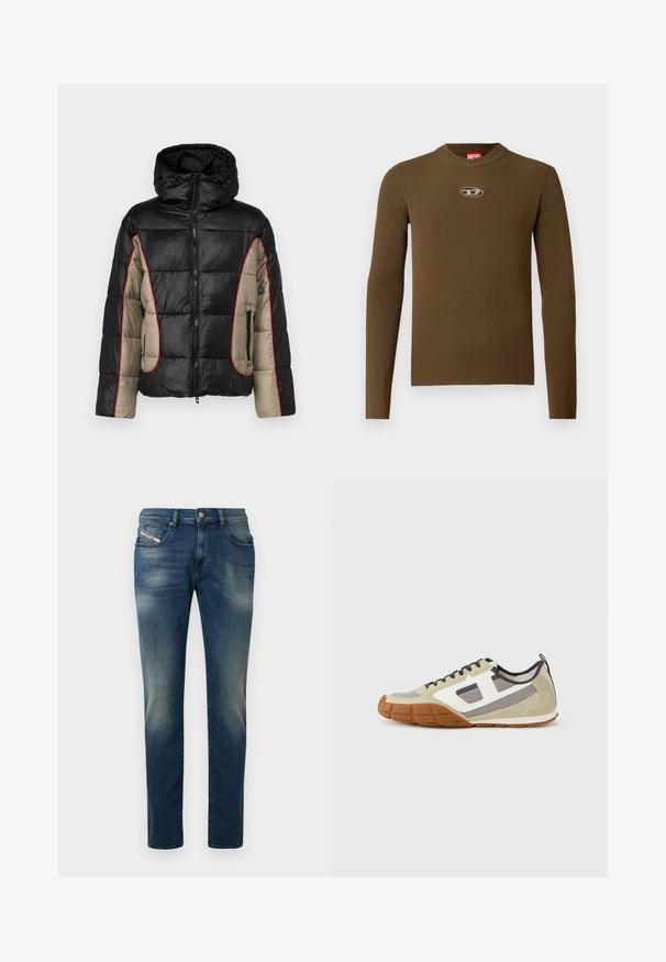 Zwarte en beige pufferjack met capuchon, voorzien van gestikte panelen, rode contraststiksels en met rits afgesloten zijzakken.; Bruine geribbelde longsleeve top met een ronde hals en een logo patch op de borst. De textuur is glad en aansluitend, gemaakt van rekbaar materiaal.; Donkerblauwe spijkerbroek met een vervaagde wassing, recht model en een licht beschadigde knie. Voorzien van voorzakken en een metalen knoopsluiting.; Athletische sneakers met een beige bovenwerk met grijze en witte accenten, gestructureerd suède en een patroonrubberen zool. Inclusief bruine veters en een treklus.