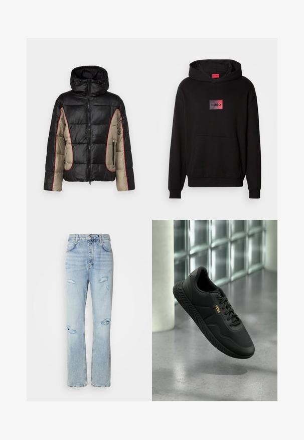 Sort og beige puffetjakke med hætte, der har quiltede paneler, rød kontrastsyning og lynlåsede sidelommer.; Sort hættetrøje lavet af blødt stof, med en front kangaroo-lomme og et rektangulært logo i rød og sort på brystet.; Lysvaskede denimjeans med en afslappet pasform, der har slidte områder og frynsede kanter. Stoffet har en blød, glat tekstur.; Sort BOSS-sneaker med tekstureret sål og snøredesign, svævende over en reflekterende grå gulv nær en væg af glasblokke.