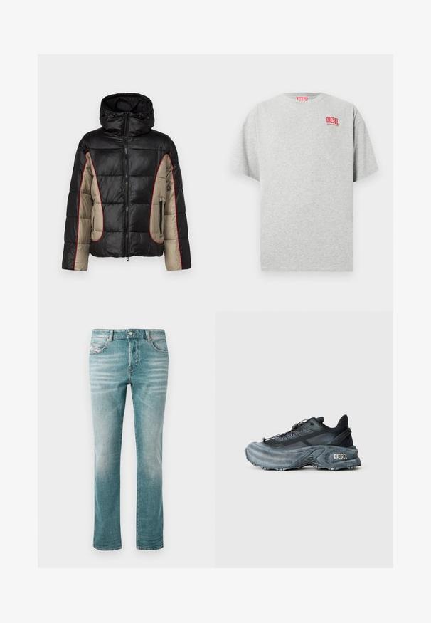 Schwarze und beige Daunenjacke mit Kapuze, ausgestattet mit gesteppten Paneelen, rotem Kontraststepp, und mit Reißverschlüssen versehenen Seitentaschen.; Graues Baumwoll-T-Shirt mit rundem Ausschnitt und kurzen Ärmeln. Mit einem kleinen roten "DIESEL"-Logo auf der Brust. Glatte Textur.; Hellblaue Jeans aus Denim mit geradem Schnitt, fünf Taschen, dezentem Used-Look und klassischem Knopfverschluss an der Taille.; Schwarz- und graue Diesel-Sneaker mit dicker Sohle, Schnürverschluss und strukturiertem Design auf einem schlichten hellgrauen Hintergrund.
