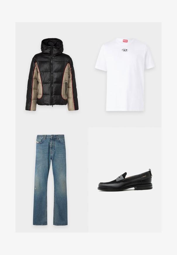 Doudoune noire et beige avec capuche, présentant des panneaux matelassés, des coutures contrastantes rouges et des poches latérales zippées.; T-shirt en coton blanc à manches courtes, avec un col rond et un écusson en argent du logo Diesel sur la poitrine. Design simple, couleur unie.; Jeans en denim bleu avec une coupe droite, présentant un léger délavage, des poches avant et une fermeture à bouton à la taille.; Mocassin en cuir noir avec détail de bride grise, talon bas et semelle texturée, marqué "HUGO" en or sur le côté.