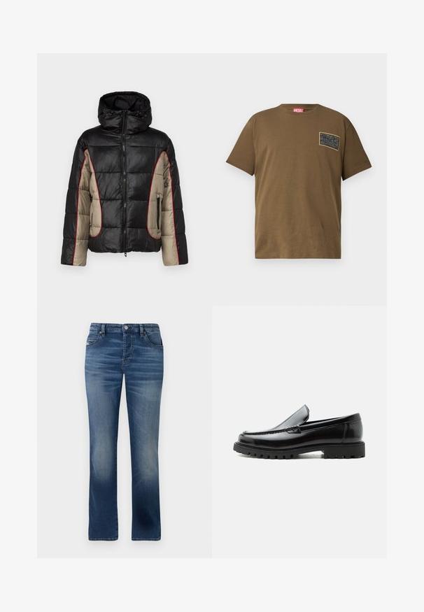 Sort og beige puffetjakke med hætte, der har quiltede paneler, rød kontrastsyning og lynlåsede sidelommer.; Brun bomulds T-shirt med rund hals, der har et sort grafikmærke på venstre bryst. Kortærmet og med lige nederkant.; Mørkeblå denimbukser med lige ben-design, der har frontlommer, diskret falming og en klassisk knaplukning i taljen.; Sort læderloafer med chunky gummisål, syet overdel og præget mærkenavn på hælen, vist i sideprofil på hvid baggrund.