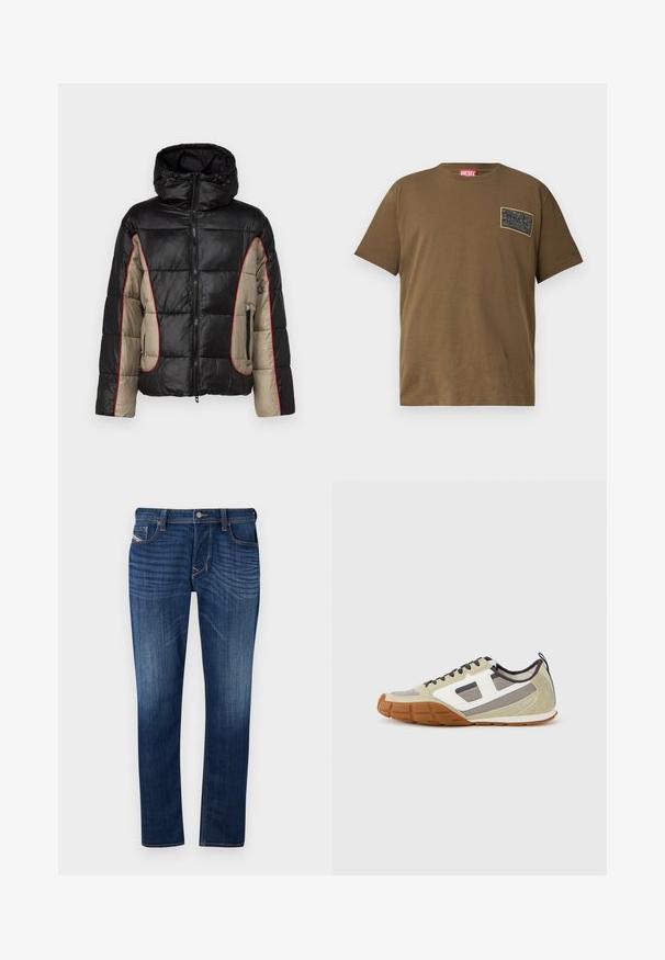 Chaqueta acolchada negra y beige con capucha, que presenta paneles acolchados, costuras rojas de contraste y bolsillos laterales con cremallera.; Camiseta de algodón marrón con cuello redondo, que presenta un parche gráfico negro en el lado izquierdo del pecho. Mangas cortas y dobladillo recto.; Vaqueros de mezclilla de color azul oscuro con corte recto, cuentan con un diseño de cinco bolsillos, costuras visibles y un cierre de botón de metal en la cintura.; Zapatillas deportivas con una parte superior beige con acentos en gris y blanco, ante texturizado y suela de goma con patrón. Incluyen cordones marrones y una lengüeta para tirar.