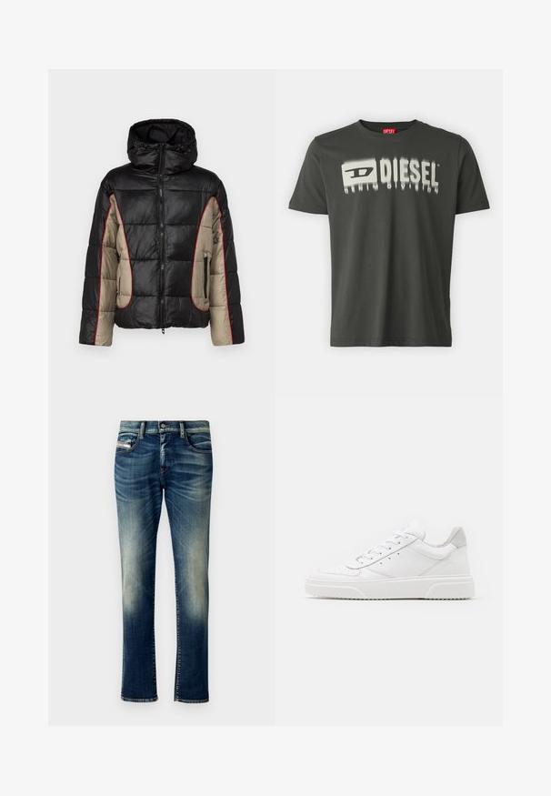 Schwarze und beige Daunenjacke mit Kapuze, ausgestattet mit gesteppten Paneelen, rotem Kontraststepp, und mit Reißverschlüssen versehenen Seitentaschen.; Dunkelgraues Baumwoll-T-Shirt mit einem weißen Grafikdruck, der "DIESEL" in einem verschwommenen Effekt zeigt. Rundhalsausschnitt, kurze Ärmel und normale Passform.; Dunkelblaue Jeans aus Denim mit ausgewaschenem Effekt, gerader Schnitt, kontrastierenden Nähten, fünf Taschen und einem Knopfverschluss an der Taille.; Weiße Leder-Sneaker mit glatter Oberfläche, rundem Zehenbereich, flachen Schnürsenkeln und strukturiertem Schuhsohlen. Graues Wildleder-Detail an der Ferse.