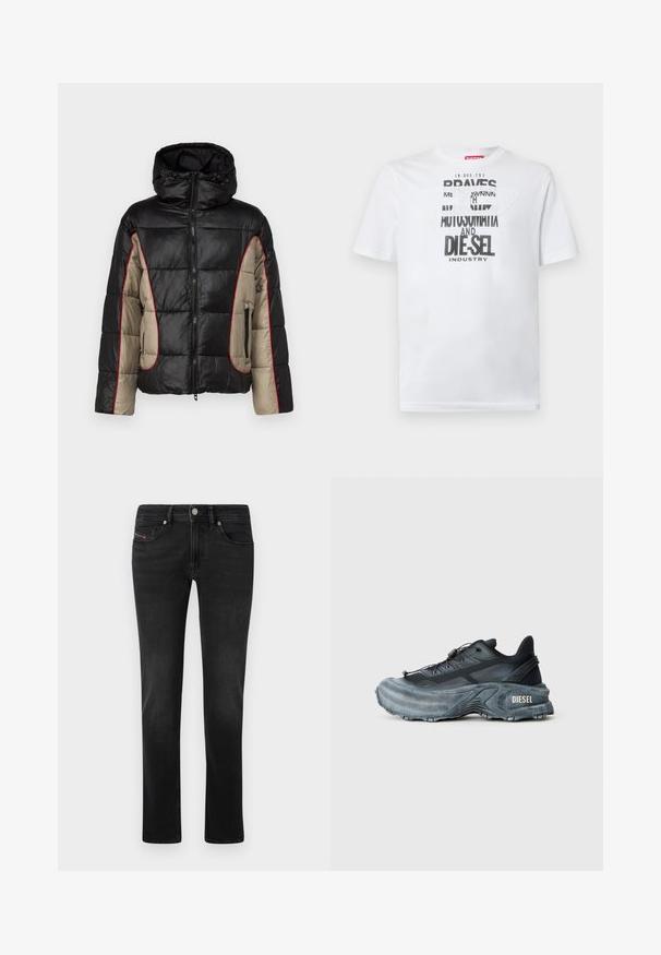 Schwarze und beige Daunenjacke mit Kapuze, ausgestattet mit gesteppten Paneelen, rotem Kontraststepp, und mit Reißverschlüssen versehenen Seitentaschen.; Weißes Baumwoll-T-Shirt mit fetter schwarzer Typografie und den Worten "BRAVES" und "DIE-SEL INDUSTRY" sowie einem halbtransparenten Cutout-Design.; Schwarze Denim-Jeans mit geradem Bein, ausgestattet mit Vorder- und Gesäßtaschen, subtilen Ausbleichungen und einem Metallknopfverschluss.; Schwarz- und graue Diesel-Sneaker mit dicker Sohle, Schnürverschluss und strukturiertem Design auf einem schlichten hellgrauen Hintergrund.