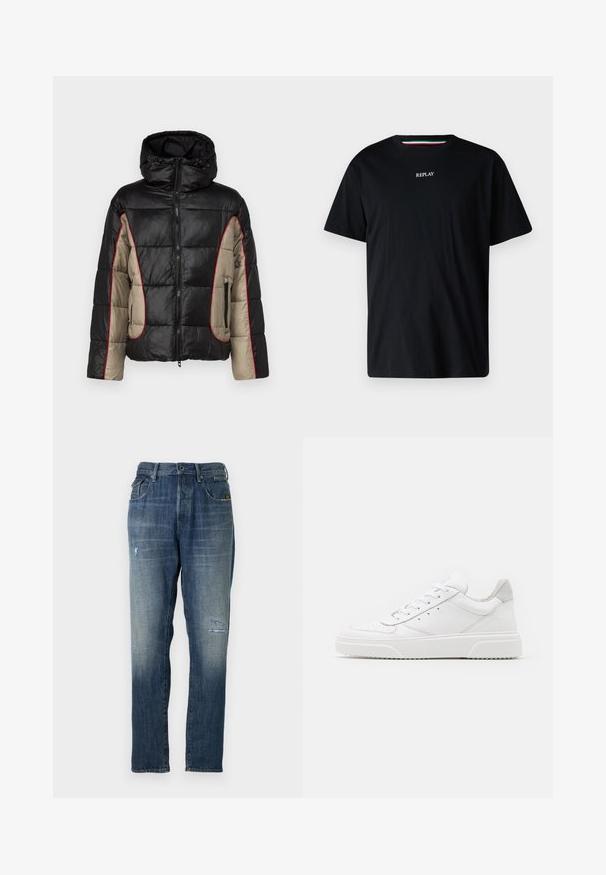 Schwarze und beige Daunenjacke mit Kapuze, ausgestattet mit gesteppten Paneelen, rotem Kontraststepp, und mit Reißverschlüssen versehenen Seitentaschen.; Schwarzes Baumwoll-T-Shirt mit Rundhalsausschnitt und kurzen Ärmeln. Das Wort "REPLAY" ist in Weiß über die Brust gestickt.; Denimjeans in einem verblassten Blau, mit geradem Beinschnitt, moderaten Abnutzungen an der Vorderseite und klassischem Fünf-Taschen-Design.; Weiße Leder-Sneaker mit glatter Oberfläche, rundem Zehenbereich, flachen Schnürsenkeln und strukturiertem Schuhsohlen. Graues Wildleder-Detail an der Ferse.