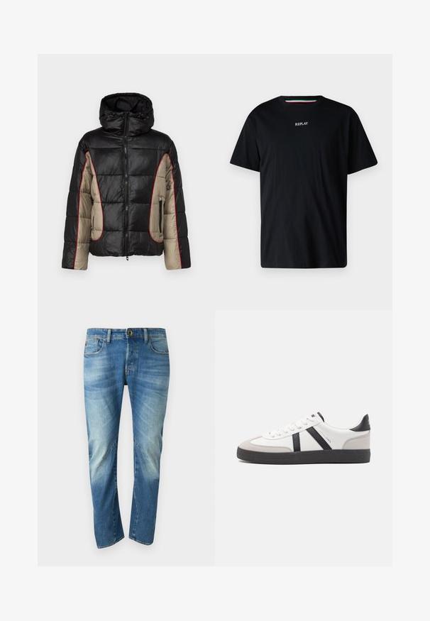 Sort og beige puffetjakke med hætte, der har quiltede paneler, rød kontrastsyning og lynlåsede sidelommer.; Sort bomulds t-shirt med rund hals og korte ærmer. Ordet "REPLAY" er broderet i hvidt på tværs af brystet.; Blå, falmede straight-leg denim jeans med fem lommer, knaplukning og synlige sømdetaljer på forsiden.; Hvide sneakers med sorte og grå detaljer, med en tekstureret grå tåhætte, sort gummisål og flade hvide snørebånd. Rent design, minimalistisk stil.