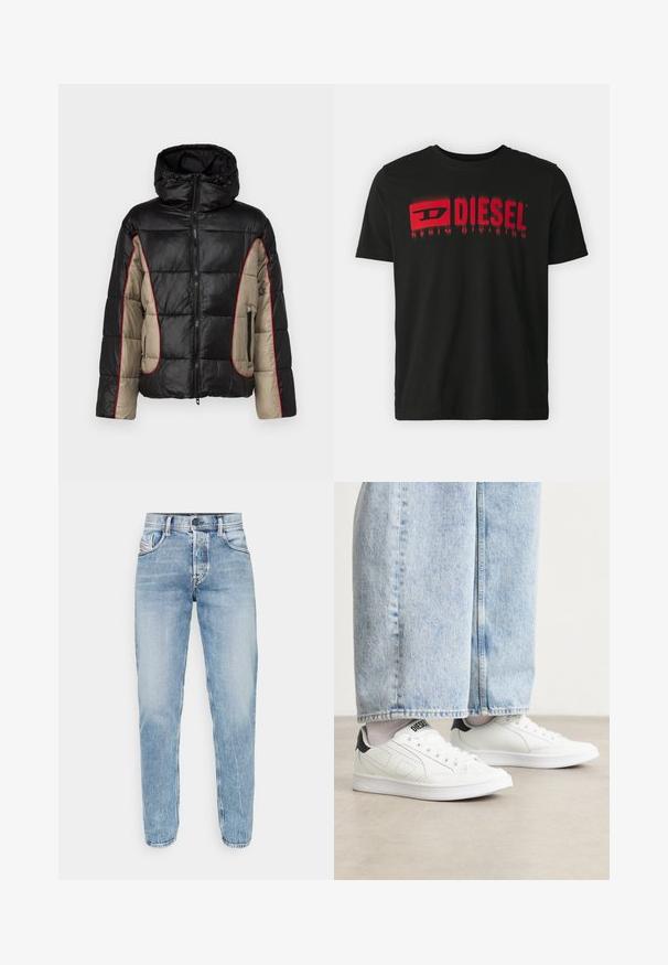 Schwarze und beige Daunenjacke mit Kapuze, ausgestattet mit gesteppten Paneelen, rotem Kontraststepp, und mit Reißverschlüssen versehenen Seitentaschen.; Schwarzes Baumwoll-T-Shirt mit rotem "DIESEL"-Logo und dem Text "DENIM DIVISION". Kurze Ärmel, Rundhalsausschnitt, glatte Textur, lockere Passform.; Hellblaue Jeans aus Denim mit geradem Schnitt, Fünf-Taschen-Design, sichtbarer Naht und klassischem Knopf- und Reißverschluss. Keine Verzierungen.; Weiße Sneaker mit einer glatten Ledertextur, schwarzen Fersenakzenten und perforierten Details. Kombiniert mit hellblauen, weiten Jeanshosen.