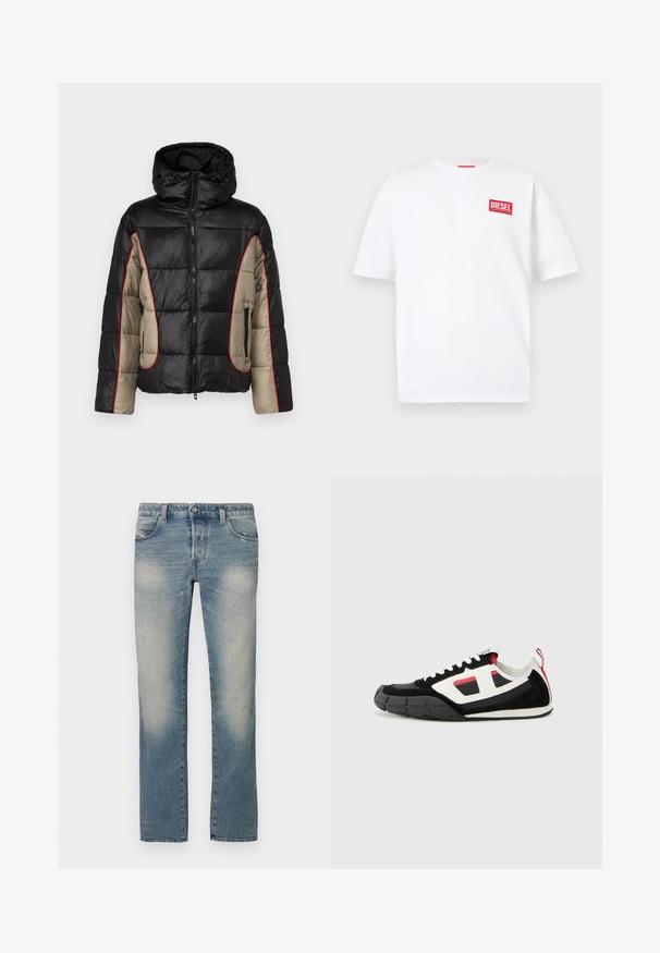 Schwarze und beige Daunenjacke mit Kapuze, ausgestattet mit gesteppten Paneelen, rotem Kontraststepp, und mit Reißverschlüssen versehenen Seitentaschen.; Weißes Baumwoll-T-Shirt mit kurzen Ärmeln und einem roten, rechteckigen DIESEL-Logo auf der oberen linken Brustseite. Einfaches Rundhalsausschnitt-Design.; Hellblaue Jeans aus Denim mit geradem Bein, ausgewaschenen Bereichen, fünf Taschen und Knopfverschluss. Das Material zeigt leichte Abnutzungs- und Verschleißspuren.; Diesel S PAGODHA LOW - Sneaker low - black