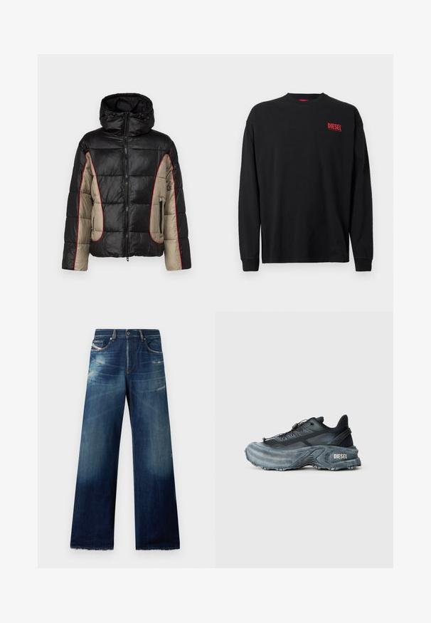 Chaqueta acolchada negra y beige con capucha, que presenta paneles acolchados, costuras rojas de contraste y bolsillos laterales con cremallera.; Camiseta negra de manga larga en algodón con cuello redondo. Presenta un pequeño logo rojo "DIESEL" en el área del pecho izquierdo. Corte regular.; Jeans de denim de pierna ancha en azul oscuro con áreas desgastadas, detalles destrozados y dobladillos deshilachados. Cuatro bolsillos y cierre de botón.; Zapatilla Diesel en negro y gris con suela gruesa, cierre de cordón y diseño texturizado sobre un fondo liso de color gris claro.