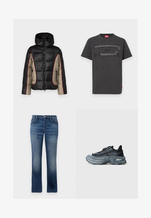 Schwarze und beige Daunenjacke mit Kapuze, ausgestattet mit gesteppten Paneelen, rotem Kontraststepp, und mit Reißverschlüssen versehenen Seitentaschen.; Graues Baumwoll-T-Shirt mit fettem schwarzem Text "PROPERTY OF D.I.E.S.E.L.", glatter Textur und kurzen Ärmeln.; Dunkelblaue Jeans aus Denim mit geradem Bein, ausgestattet mit Fronttaschen, dezentem Verblassen und einem klassischen Knopfverschluss an der Taille.; Schwarz- und graue Diesel-Sneaker mit dicker Sohle, Schnürverschluss und strukturiertem Design auf einem schlichten hellgrauen Hintergrund.