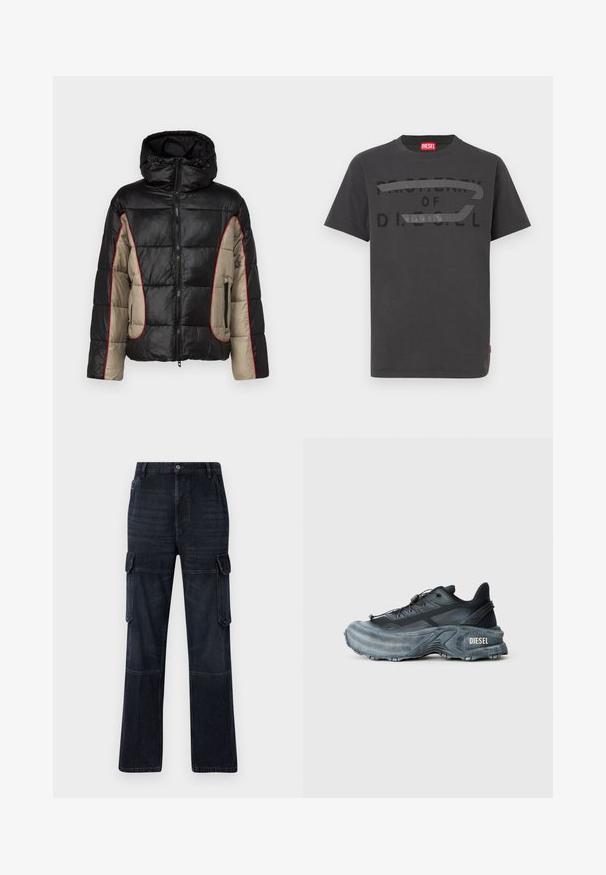 Schwarze und beige Daunenjacke mit Kapuze, ausgestattet mit gesteppten Paneelen, rotem Kontraststepp, und mit Reißverschlüssen versehenen Seitentaschen.; Graues Baumwoll-T-Shirt mit fettem schwarzem Text "PROPERTY OF D.I.E.S.E.L.", glatter Textur und kurzen Ärmeln.; Dunkelblaue Cargo-Hosen mit lockerem Schnitt, ausgestattet mit zwei Seiten pockets, Kniefelgen und Kontrastnähten. Metallknopfverschluss am Taillenbund.; Schwarz- und graue Diesel-Sneaker mit dicker Sohle, Schnürverschluss und strukturiertem Design auf einem schlichten hellgrauen Hintergrund.
