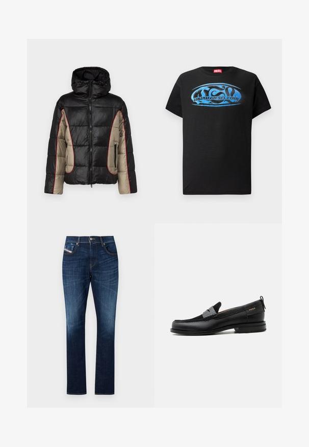 Schwarze und beige Daunenjacke mit Kapuze, ausgestattet mit gesteppten Paneelen, rotem Kontraststepp, und mit Reißverschlüssen versehenen Seitentaschen.; Schwarzes T-Shirt mit kurzen Ärmeln aus Baumwolle, das ein blaues Grafik-Logo-Design mit dem Text "www.diesel.com" auf der Front zeigt.; Dunkelblaue Denim-Jeans mit geradem Schnitt, Fünf-Taschen-Design, dezentem Ausbleichen und Kontrastnähten entlang der Nähte.; Schwarzer Lederloafer mit grauem Riemendetail, niedrigem Absatz und strukturierter Sohle, seitlich mit „HUGO“ in Gold gebrandmarkt.