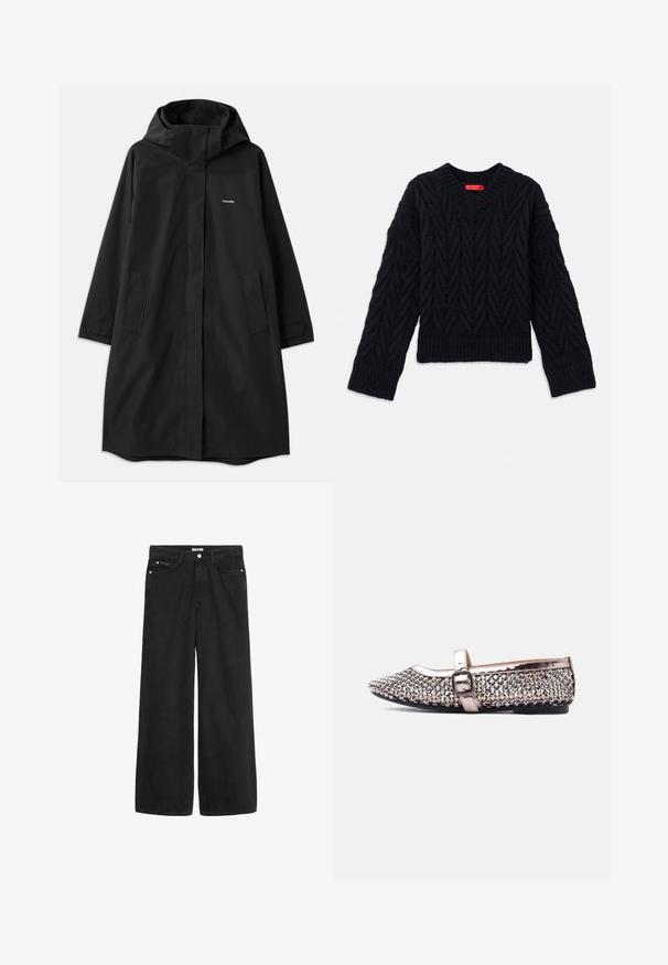 Schwarzer wasserdichter Mantel mit Kapuze, langen Ärmeln, seitlichen Taschen und vorderem Reißverschluss. Hat ein minimalistisches Design mit dem Markenlogo auf der Brust.; Schwarzer Strickpullover mit V-Ausschnitt, der ein Kabelmuster sowie gerippte Bündchen und Saum aufweist. Aus einem strukturierten Garn für zusätzliche Wärme gefertigt.; Schwarz denim Weitbein-Hose mit hoher Taille. Verfügt über fünf Taschen, Metallbeschläge und eine saubere Verarbeitung. Die Textur ist glatt und weich.; Flacher Mary-Jane-Schuh mit metallisch roségoldener Oberfläche, verziert mit silbernen Pailletten und einem Schnallenriemen über dem Spann, auf weißem Hintergrund.