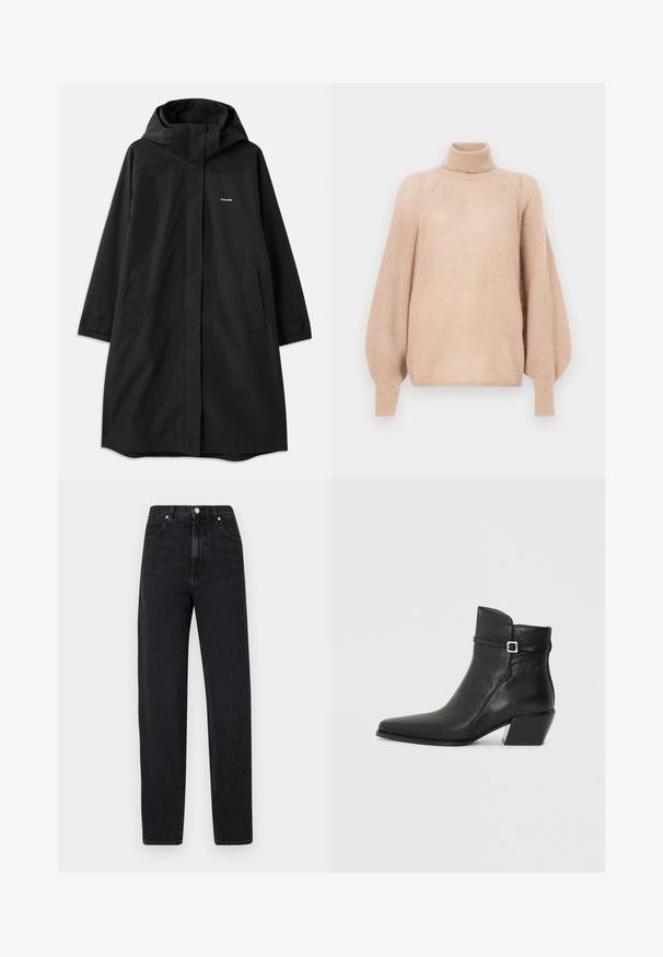 Manteau noir imperméable avec capuche, manches longues, poches latérales et fermeture éclair à l'avant. Présente un design minimaliste avec le logo de la marque sur la poitrine.; Pull surdimensionné rose clair en matière douce et texturée. Il présente un col montant et de longues manches bouffantes avec des poignets ajustés.; Jean noir à jambe droite en denim. Présente une taille haute, une fermeture à bouton en métal, cinq poches et des détails de couture subtils.; Bottines en cuir noir avec un bout pointu, un petit talon carré et une sangle décorative avec une boucle en argent. Texture lisse.