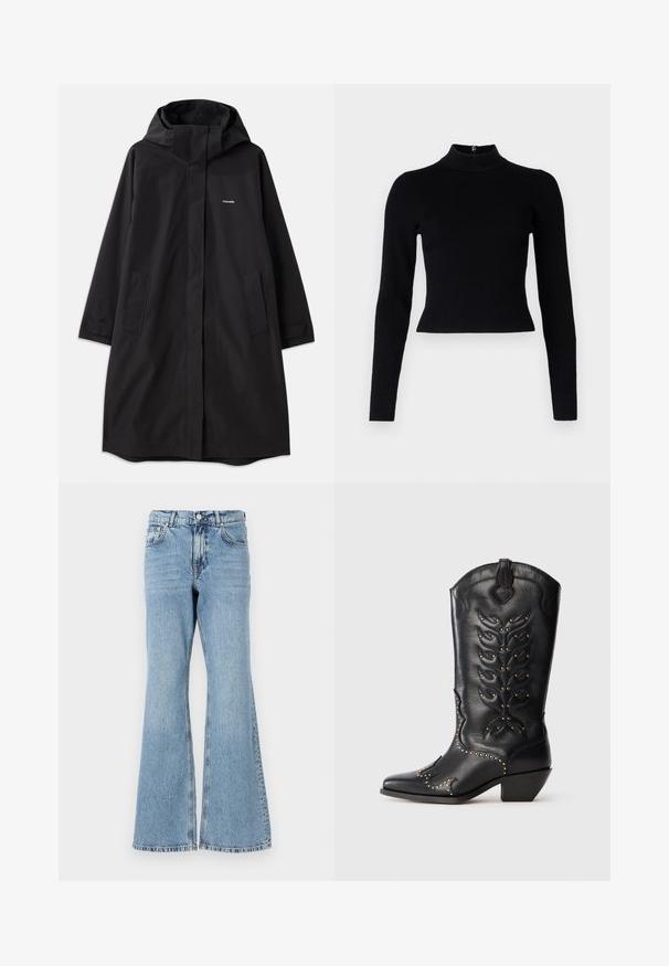 Manteau noir imperméable avec capuche, manches longues, poches latérales et fermeture éclair à l'avant. Présente un design minimaliste avec le logo de la marque sur la poitrine.; Pull-over noir à col roulé côtelé avec des manches longues et une silhouette ajustée, présentant une texture lisse et un zip au dos.; Jean en denim bleu clair évasé avec une taille haute, présentant une fermeture à bouton, cinq poches et un délavage avec un léger effet de froissement.; Botte de cowboy en cuir noir avec des clous dorés, bout pointu, couture décorative et petit talon carré. Motif de feuille embossé sur la tige.