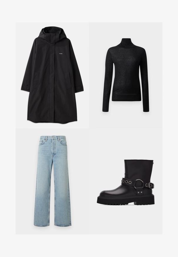 Manteau noir imperméable avec capuche, manches longues, poches latérales et fermeture éclair à l'avant. Présente un design minimaliste avec le logo de la marque sur la poitrine.; Haut noir à manches longues et col roulé en tissu léger, avec une coupe ajustée et des détails de couture minimaux, idéal pour le superposition.; Jean large coupe pattes d'éléphant bleu clair en tissu denim avec une taille haute. Comprend cinq poches, une fermeture à bouton, et une texture subtilement délavée.; Botte en cuir noire mi-mollet avec semelle épaisse à crampons, bride décorative avec œillets en métal argenté et boucle latérale.
