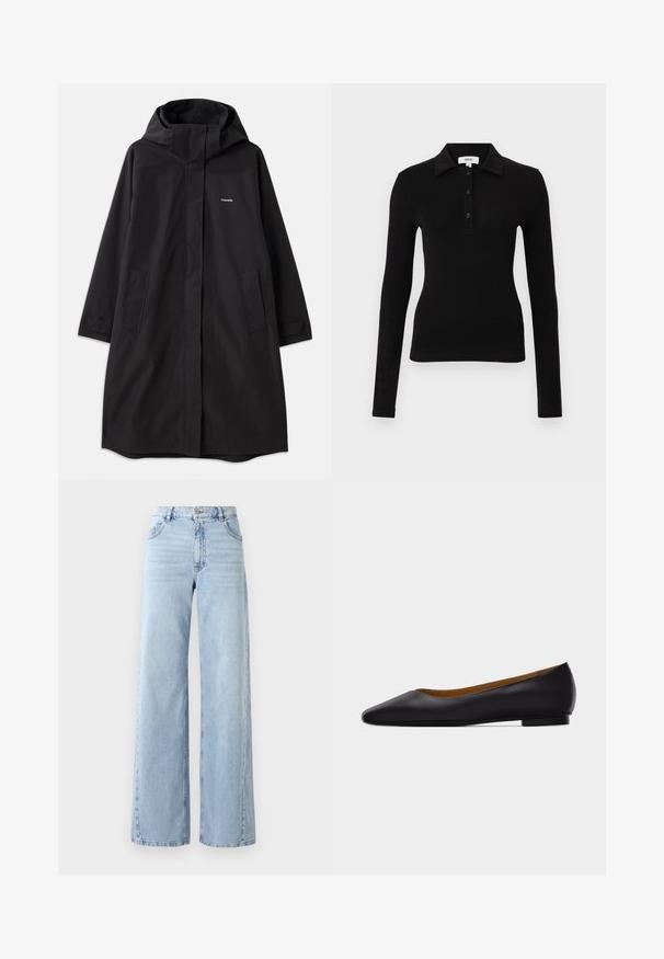 Schwarzer wasserdichter Mantel mit Kapuze, langen Ärmeln, seitlichen Taschen und vorderem Reißverschluss. Hat ein minimalistisches Design mit dem Markenlogo auf der Brust.; Schwarzes langärmeliges Poloshirt aus weichem Stoff, mit Kragen, Knopfleiste und figurbetontem Schnitt für ein schlankes Erscheinungsbild.; Weite helle blaue Jeans mit hoher Taille, fünf Taschen und ausgewaschenem Look. Verfügt über gesteppte Details und einen geraden Schnitt am Saum.; Schwarzer flacher Schuh aus Leder mit spitz zulaufender Vorderkappe, niedrigem Absatz und glatter Oberfläche, von der Seite vor einem hellgrauen Hintergrund dargestellt.