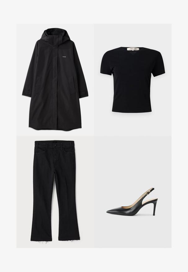 Schwarzer wasserdichter Mantel mit Kapuze, langen Ärmeln, seitlichen Taschen und vorderem Reißverschluss. Hat ein minimalistisches Design mit dem Markenlogo auf der Brust.; Schwarzes T-Shirt mit kurzen Ärmeln und V-Ausschnitt, aus einem glatten, elastischen Stoff hergestellt. Besitzt eine einfache, klassische Silhouette ohne Verzierungen.; Mother LIL HUSTLER FRAY - Jeans Bootcut - black denim; Schwarze Leder-Slingback-High-Heels mit spitzem Zehenbereich, verstellbarem Riemen und schlankem Stiletto-Absatz, ausgestattet mit einer glatten Oberfläche.