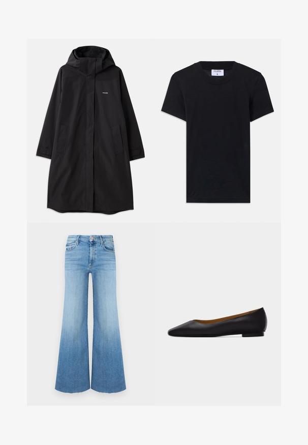 Manteau noir imperméable avec capuche, manches longues, poches latérales et fermeture éclair à l'avant. Présente un design minimaliste avec le logo de la marque sur la poitrine.; T-shirt en coton noir avec un col rond, des manches courtes et une coupe décontractée. L'étiquette indique "FILIPPA K" au niveau du col.; Jean en denim clair avec une coupe évasée, taille haute, deux poches avant et un ourlet brut en bas.; Chaussure plate en cuir noir à bout pointu avec talon bas et finition lisse, vue de côté sur un fond gris clair.