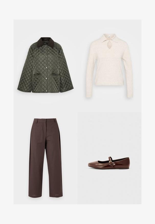 Chaqueta acolchada de color verde oliva con un cuello de pana marrón, cierres a presión y dos bolsillos laterales. El diseño es relajado con mangas anchas.; Jersey de punto en beige claro con cuello, escote en forma de llave y mangas largas; tejido texturizado, suave y con un corte holgado.; Pantalones marrones de pierna recta con trabillas para cinturón, bolsillos laterales y cierre frontal oculto.; Bailarina de charol marrón con punta cuadrada y tira que presenta una pequeña hebilla dorada. Textura suave, tacón bajo y diseño minimalista.