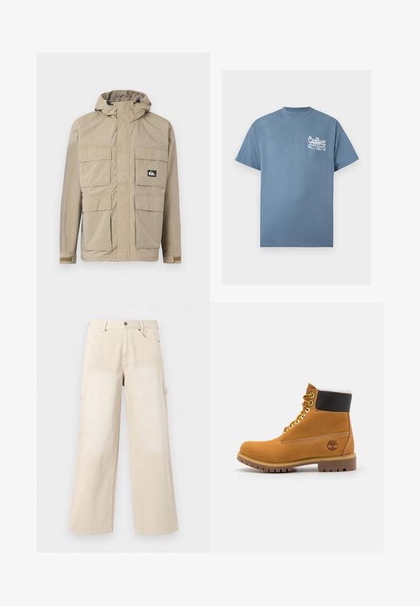 Beige wasserdichte Jacke mit Kapuze, ausgestattet mit einem Reißverschluss vorne, vier großen Fronttaschen und verstellbaren Bündchen. Strukturiertes Material mit einem Karomuster.; Blaues T-Shirt mit kurzen Ärmeln und Rundhals mit weißem, stilisiertem "Carhartt WIP" Schriftlogo auf der linken Brust.; Beige weite Hosen mit Vordertaschen, Knopfverschluss und Gürtelschlaufen, vor einfachem weißem Hintergrund gezeigt.; Braune Leder-Ankle-Boots mit Metallösen, weißem Kunstfellfutter, schwarzem gepolstertem Kragen, robustem Sohlenprofil und geprägtem Logo an der Seite.
