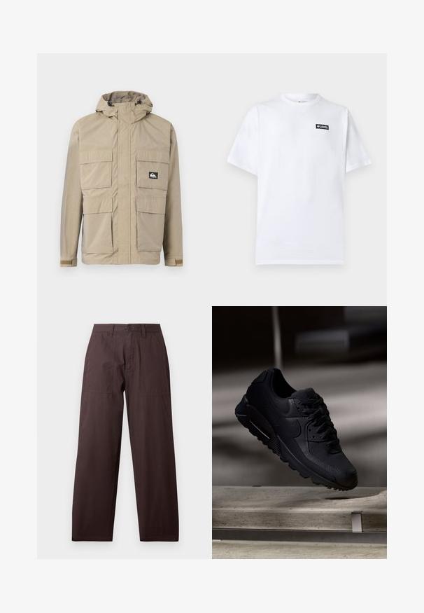 Veste imperméable beige avec capuche, dotée d'un zip à l'avant, de quatre grandes poches à l'avant et de poignets réglables. Tissu texturé avec un motif en grille.; T-shirt blanc en coton à manches courtes avec un petit écusson du logo Columbia Sportswear noir et blanc sur la poitrine gauche.; Wrangler WORK PANT - Pantalon classique - mole; Baskets Nike Air Max 90 noires avec une tige en maille texturée, des accents en cuir lisse, un col rembourré et un coussin d'air visible dans la semelle.
