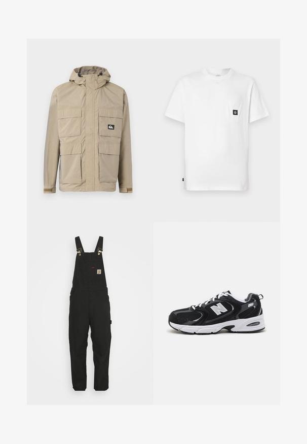 Beige wasserdichte Jacke mit Kapuze, ausgestattet mit einem Reißverschluss vorne, vier großen Fronttaschen und verstellbaren Bündchen. Strukturiertes Material mit einem Karomuster.; Weißes Baumwoll-T-Shirt mit Rundhalsausschnitt, kurzen Ärmeln und einer Brusttasche mit schwarzem Logo-Patch. Glatte Textur, lockere Passform.; Schwarze Baumwoll-Latzhosen mit verstellbaren Trägern, einer Fronttasche mit Logo-Patch und zwei Seitentaschen im entspannten Schnitt.; Schwarze und graue Sportschuhe mit Obermaterial aus Mesh und Wildleder, ausgestattet mit einer weißen Zwischensohle, Schnürsenkeln und einem markanten "N"-Logo an der Seite.