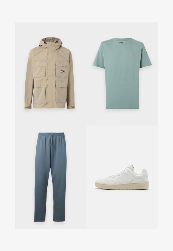 Beige wasserdichte Jacke mit Kapuze, ausgestattet mit einem Reißverschluss vorne, vier großen Fronttaschen und verstellbaren Bündchen. Strukturiertes Material mit einem Karomuster.; Schlichtes, gedämpftes grünes T-Shirt mit kurzen Ärmeln und Rundhalsausschnitt, mit kleinem, mehrfarbigem Dickies-Logo auf der linken Brust.; Blaugraue Sweatpants mit elastischem Bund, verstellbarem Kordelzug und geraden Beinen, dargestellt vor weißem Hintergrund.; Weiße Leder-Sneaker mit strukturierter Oberfläche und gepolstertem Kragen. Sie verfügen über eine beigen Gummisohle und dezente Markenkennzeichnung an der Ferse und an der Seite.