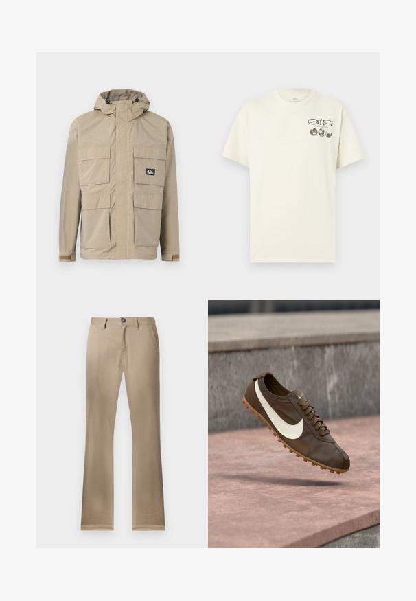 Veste imperméable beige avec capuche, dotée d'un zip à l'avant, de quatre grandes poches à l'avant et de poignets réglables. Tissu texturé avec un motif en grille.; T-shirt Nike couleur crème à manches courtes, avec le texte "Nature in Motion" et trois graphiques de globe placés sur le côté gauche de la poitrine.; Pantalon en coton beige avec une coupe droite, fermeture par un seul bouton, poches avant et ourlets cousus. Texture lisse, style polyvalent.; Chaussure de course Nike marron avec logo swoosh blanc et semelle en gomme flottant au-dessus d'une surface en pierre rose avec un fond en pierre grise.