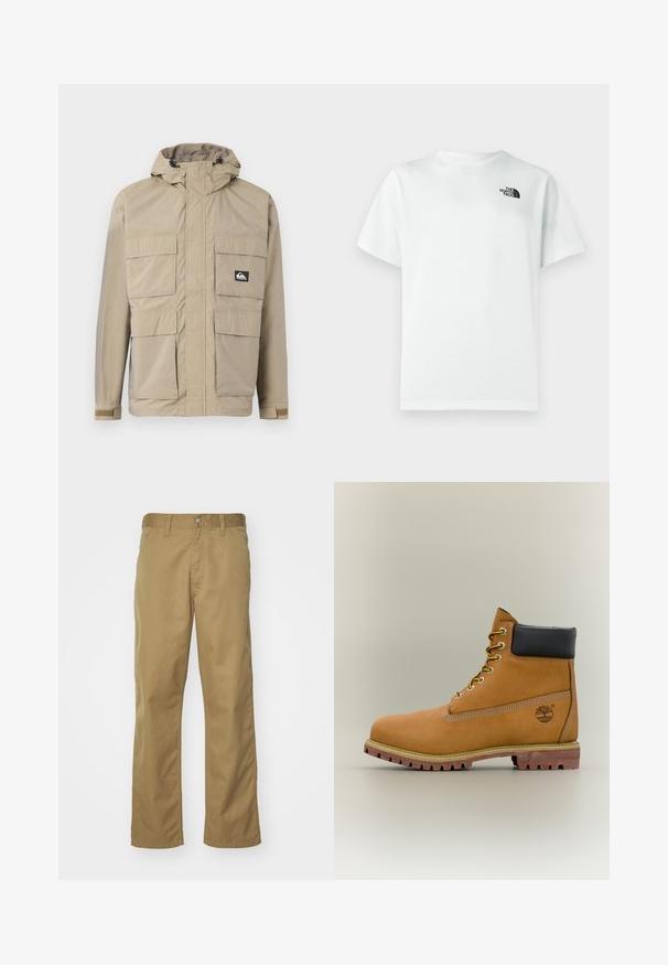 Veste imperméable beige avec capuche, dotée d'un zip à l'avant, de quatre grandes poches à l'avant et de poignets réglables. Tissu texturé avec un motif en grille.; T-shirt blanc en coton à manches courtes, col rond, avec un petit logo noir sur le côté gauche de la poitrine. Texture lisse.; Chino kaki avec une coupe droite, fabriqué en tissu de coton lisse. Dispose d'une fermeture à bouton à l'avant et de poches latérales.; Bottine en cuir marron avec col noir, lacets jaunes et semelle beige. Présente un logo et des détails de couture blanche. Semelle extérieure à traction robuste.