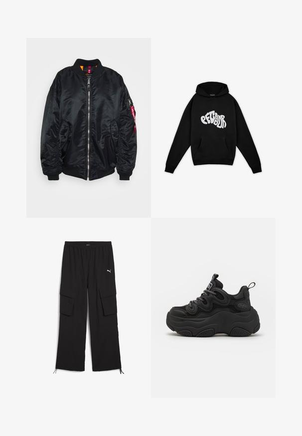 Sort bomberjakke lavet af glat, blankt materiale. Har lynlås foran, ribbede manchetter, sidelommer og en lommedel med lynlås på armen med et rødt mærke.; Pegador PALUMA OVERSIZED HOODIE - Sweatshirt - black; Svarte cargo-bukser med bred ben-design, elastisk talje, to sidelommer og snoretræk ved kanten. Har et lille hvidt logo.; Sorte sneakers med en chunky design, der har en tekstureret overdel, mesh-paneler og tyk gummisål. Reflekterende snørebånd og branddetaljer er synlige.