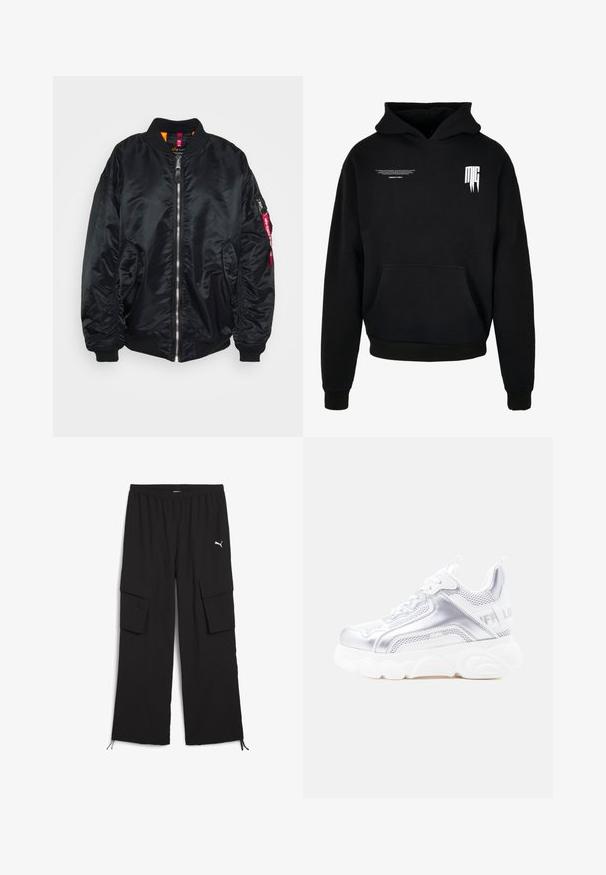Veste bomber noire en matériau lisse et brillant. Présente un front zippé, des poignets couverts en côtes, des poches latérales et une poche zippée sur le bras avec une étiquette rouge.; Sweat à capuche noir avec poche sur le devant, petit texte blanc sur la partie supérieure gauche de la poitrine, et logo stylisé "MG" sur la partie supérieure droite de la poitrine.; Pantalons cargo noirs avec une conception à jambes larges, taille élastique, deux poches latérales et ourlets à cordon de serrage. Présente un petit logo blanc.; Baskets épaisses blanches et argentées avec une semelle texturée épaisse, des panneaux en mesh et synthétiques, un bout arrondi et une languette à l'arrière.