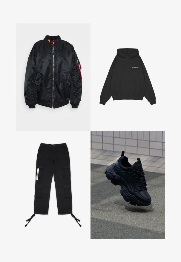 Μαύρο bomber jacket φτιαγμένο από απαλό, γυαλιστερό υλικό. Διαθέτει φερμουάρ μπροστά, ριμπ μανσέτες, πλαϊνές τσέπες και τσέπη με φερμουάρ στο μανίκι με κόκκινη ετικέτα.; Pegador Φούτερ με κουκούλα - washed black; Pegador TANAMI WIDE PANTS - Παντελόνι cargo - black; Μαύρο δερμάτινο αθλητικό παπούτσι με εντυπωσιακό σχεδιασμό, διαθέτοντας χοντρή σόλα, υφασμάτινες επιφάνειες και μαύρες κορδόνες. Float πάνω σε γκρίζα άσφαλτο.