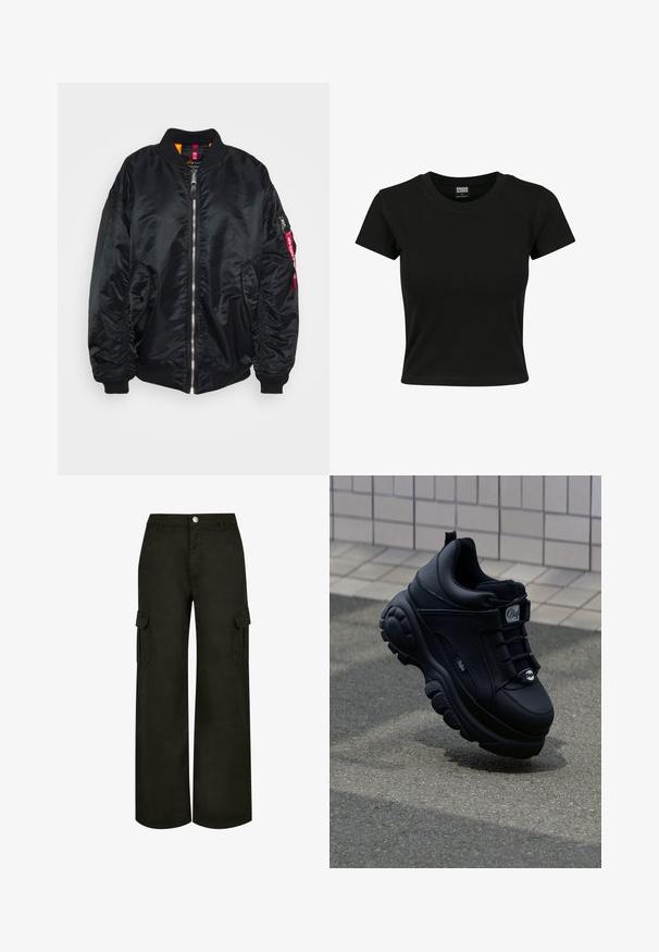 Veste bomber noire en matériau lisse et brillant. Présente un front zippé, des poignets couverts en côtes, des poches latérales et une poche zippée sur le bras avec une étiquette rouge.; T-shirt noir à manches courtes en coton lisse, avec un col rond et une coupe ajustée. Aucun motif ou accent visible.; Pantalons cargo à jambes larges en noir. Fabriqués en tissu doux avec des poches latérales, dotés d'une fermeture à bouton et de passants de ceinture. Design simple et fonctionnel.; Baskets noires épaisses avec une finition en cuir lisse, des lacets à l'avant, une semelle rembourrée et un logo en relief sur le côté. Semelle extérieure texturée visible.